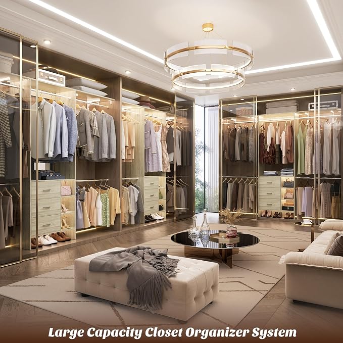 Aheaplus Closet System - 8FT Organizer with 3 Wooden Drawers, Fits 5.3-9 ft Walk-in Closet, White Oak