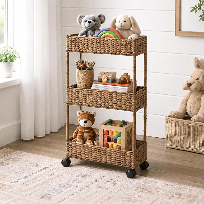 Casafield 3-Tier Slim Rolling Storage Cart - Cinnamon, Water Hyacinth Utility Cart for Bathroom, Craft Room, Nursery, Laundry Room Organization