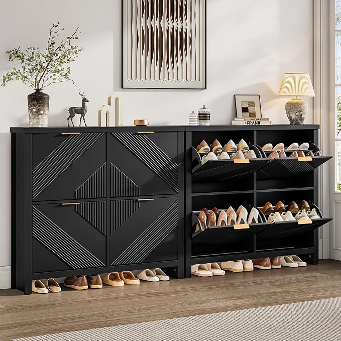 Shoe Cabinet with 4 Flip Drawers & Symmetric Groove Pattern for Entryway | 44.5''W x 9.2''D x 39.4'' Black Fit for 16-24 Pairs of Shoes Slim Narrow Hidden Shoe Storage Cabinet for Hallway Living Room