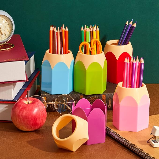 Henoyso 10 Pieces Pencil Shaped Cups for Classroom Pencil Dispenser Bulk Cute Pen Holders Storage Desktop Colorful Makeup Brush Container for Classroom Home Office Supplies, 5 Colors