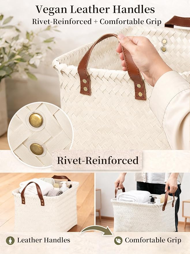Hand Woven Baskets for Storage, 4Pcs Water-Resistant Wicker Baskets, White Wicker Storage Baskets for Shelves, Large Basket with Handle for Organizing, Clothes, Laundry, Blanket - Rectangular