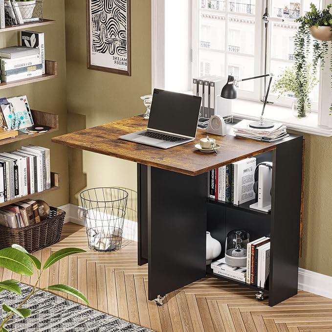 Tiptiper Folding Dining Table with 6 Wheels, Drop Leaf Tables for Small Spaces, Foldable Dining Table with 2-Layer Storage Rack, Folding Kitchen Table, Rustic Brown and Black