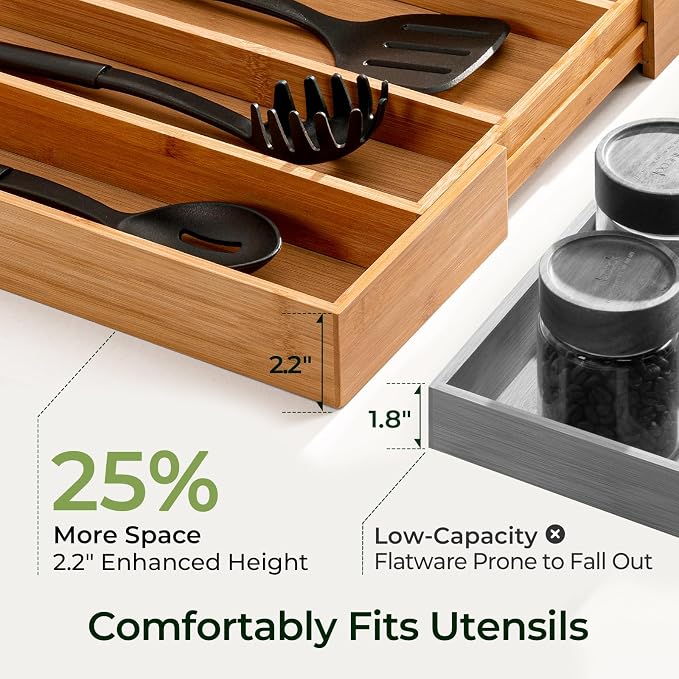 Carbonized Bamboo Kitchen Drawer Organizer, 5 Slots Expandable Silverware Organizer, Utensil Holder & Cutlery Tray, 2.2" Deep for Extra Capacity, Non-Slip Feet Included.