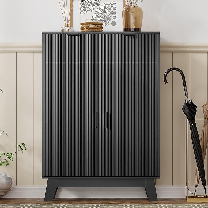 Shoe Cabinet Storage for Entryway, 4 Tier Fluted Shoe Storage Cabinet with 2 Drawers, Narrow Hidden Shoe Organizer with Adjustable Shelves, Freestanding Shoe Rack for Entryway, Hallway, Black