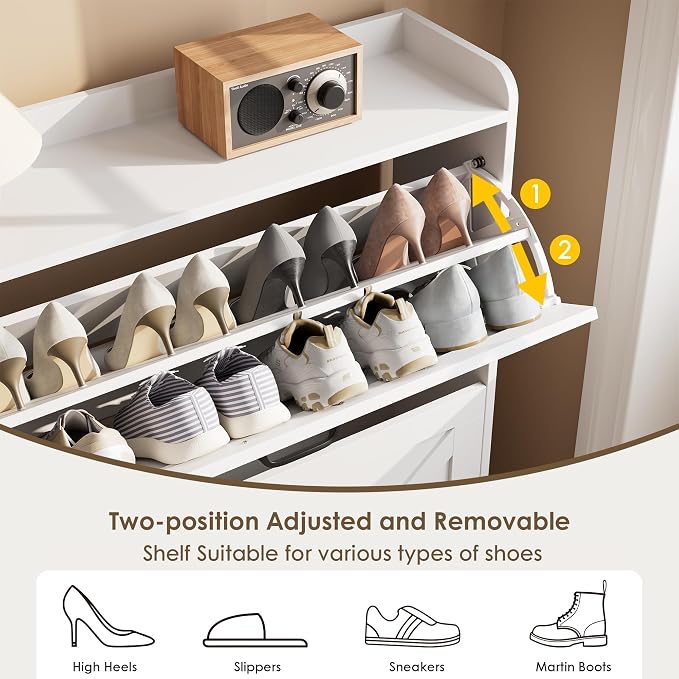 Nicetree Shoe Cabinet with 2 Flip Drawers, Freestanding Shoe Organizer, Shoe Cabinet with Metal Legs, Narrow Shoe Rack Cabinet for Entryway, Foyer, Hallway, White