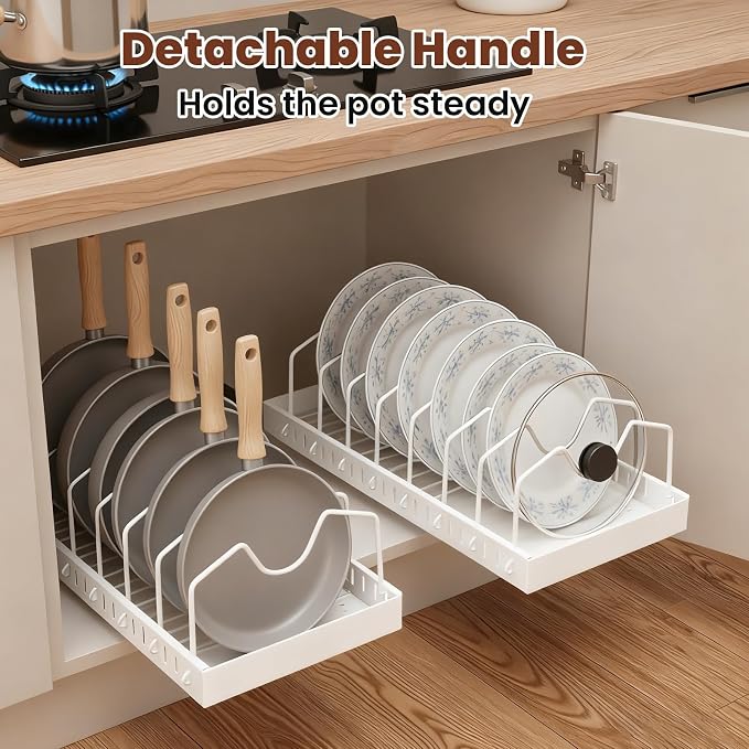 2 Pcs Pots and Pans Organizer Under Cabinet - Expandable Pull Out Cabinet Organizer for Pots and Pans, Pan and Lid Organizers Inside Cabinet, Adjustable Storage Rack, Carbon Steel (White)