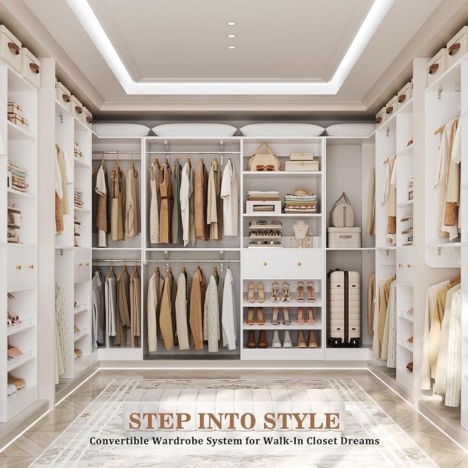 Armocity Closet System Set of 3 - Corner Closet Organizer System with 2 Drawers/16 Shelves/6 Hanging Rods, 151.1" L-Shaped Walk-In Wardrobe Organizer, 2800+ lbs Capacity, White