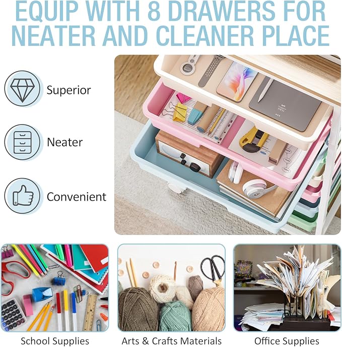 Rolling Storage Cart, Rainbow Cart with 8 Drawers and Wooden Tabletop, Teacher Organization for Classroom, Art Cart for Classroom,Office,Bedroom,Rainbow