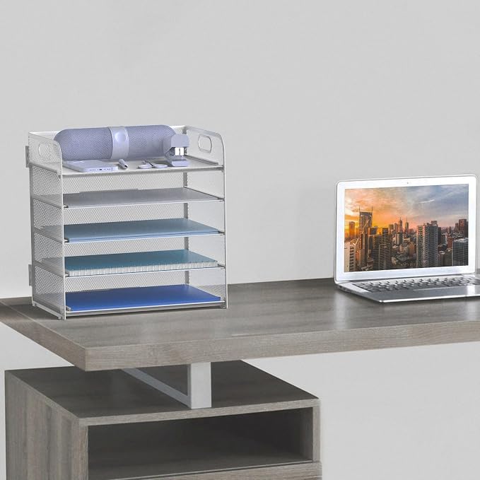 Letter Tray Paper Organizer 5-Tier Desk Organizer File Organizer Paper Holder with Handle, Metal Desktop Document Shelf Tray Office Classroom Organization - Silver