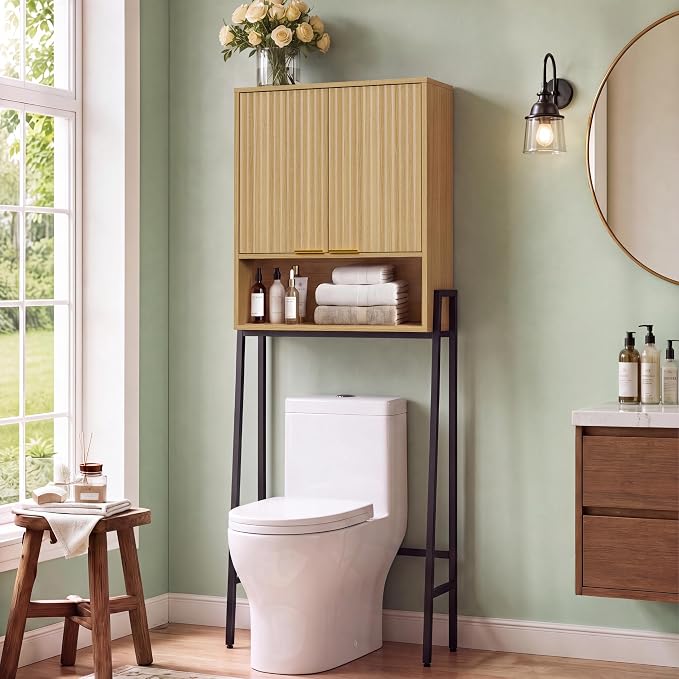 25" W Over The Toilet Storage Cabinet with Fluted Door,Bathroom Organizers and Storage with Adjustable Shelves, Modern Over Toilet Organizer for Bathroom,Restroom,Laundry,Oak