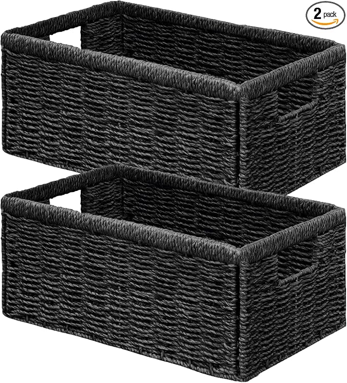 Vagusicc Wicker Storage Basket, Set of 2 Hand Woven Wicker Baskets for Organizing with Handles, Decorative Small Storage Bins for Countertop Toilet Paper Basket for Toilet Tank Top Shelves, Black