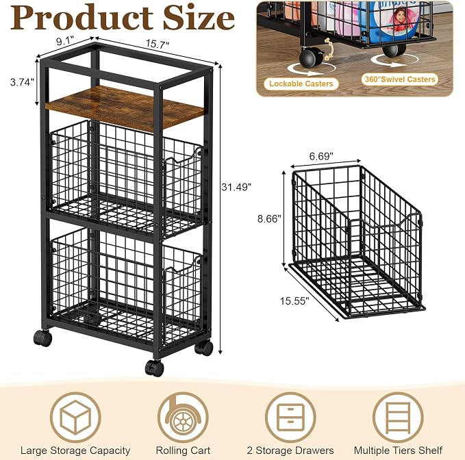 Hongtamoya 3 Tier Laundry Room Cart with Pull-Out Baskets, Utility Slim Storage Cart with Wheels Small Rolling Cart with Wood Top Metal Narrow Bathroom Laundry Room Organization Trolley, Black
