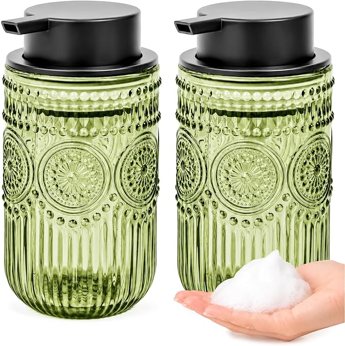 Glass Foaming Hand Soap Dispenser, Kitchen Foaming Dish Soap Dispenser | 13.8 oz Refillable Foam Soap Dispenser with Black Pump for Home Decor Set of 2