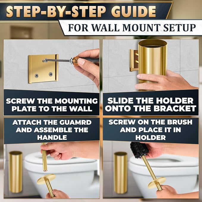Wall Mounted Toilet Brush and Holder Set, Stainless Steel (Gold) | Wall Mount Toilet Brush Cleaner and Holder Set, Rust & Corrosion Resistant, Splash Guard, Dense Bristles, for Bathroom Decor