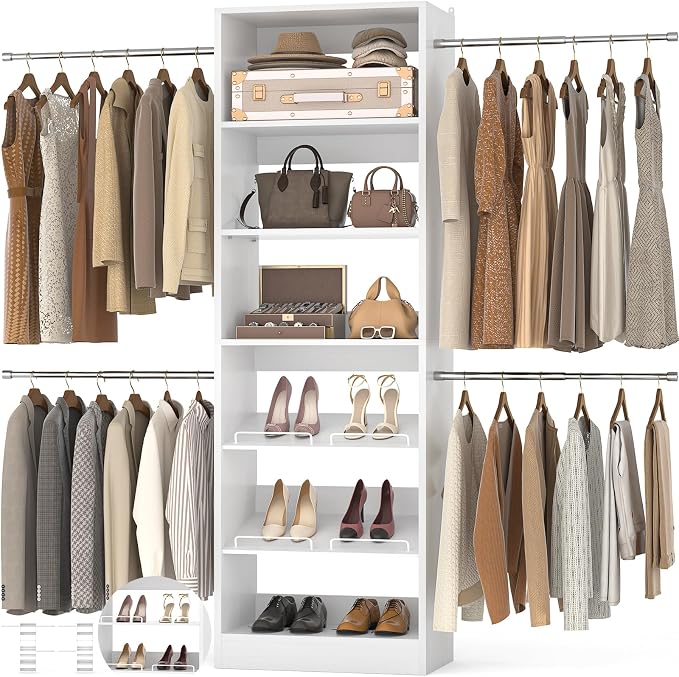Unikito Closet System, 4-8Ft Wood Closet Organizer Starter Kit with Tower and 4 Extendable Hanging Rods, Walk-in Closet Organizer Wardrobe Clothes Rack with Adjustable Shelves, Garment Rack, White