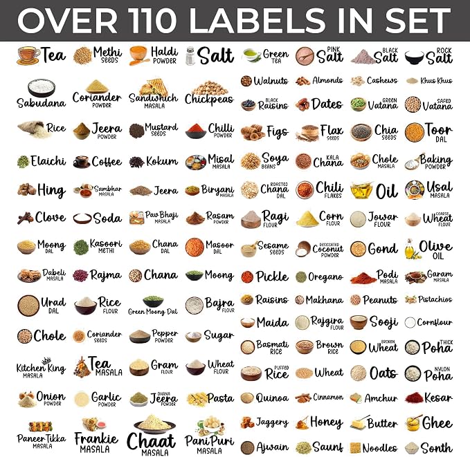 Indian Kitchen Labels Set, 116 Labels, South Asian Spice and Pantry Organization Stickers