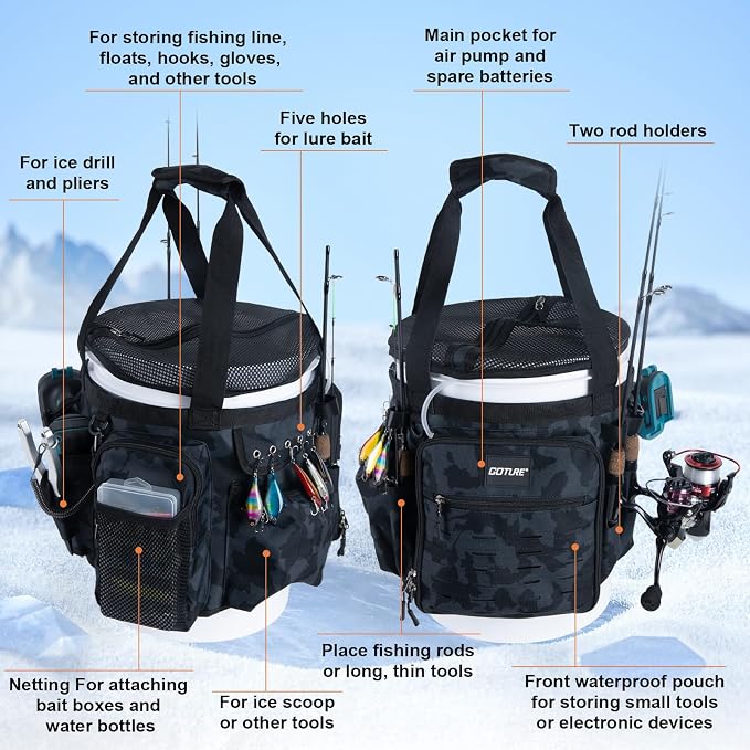 Goture Fishing Bucket Organizer for 5 Gallon Bucket, Heavy-Duty Waterproof Tackle Bag with 15+ Pockets, Ice Auger Holster & Secure Lock Straps for Ice Fishing Gear (Black, No Bucket)