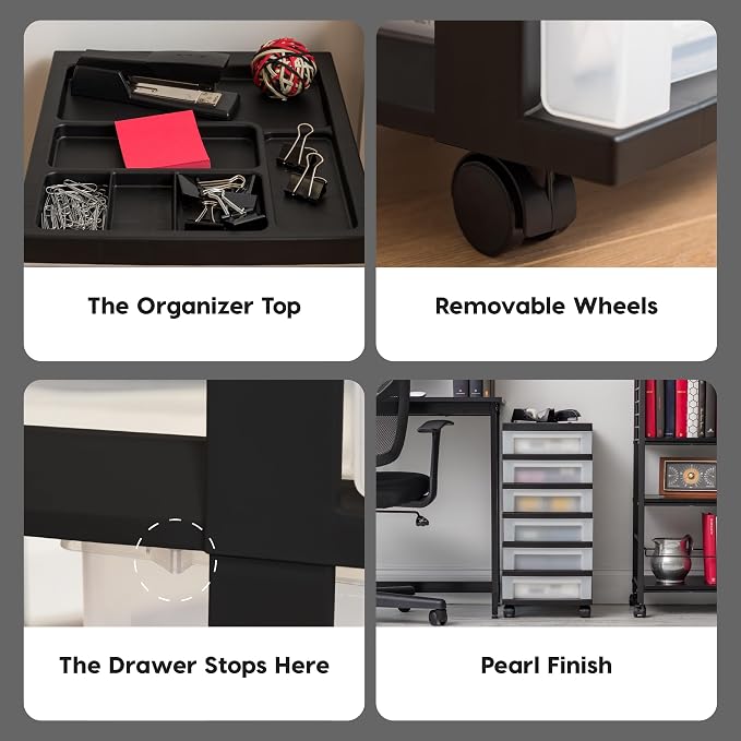 IRIS USA 6-Drawer Rolling Storage Cart, Black/Clear | Keep craft supplies, office essentials, classroom items, and accessories organized with easy-access drawers for daily use