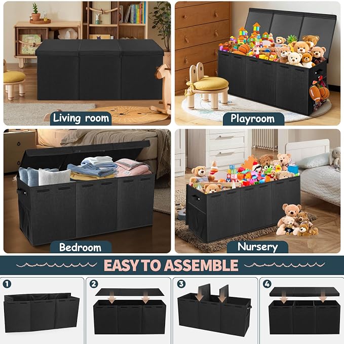 Extra Large Toy Box with Lids, Collapsible Storage Bin, 38"x16"x14",Black | Sturdy Chest Basket with Dividers for Boys & Girls, Bedroom Nursery Playroom Organization