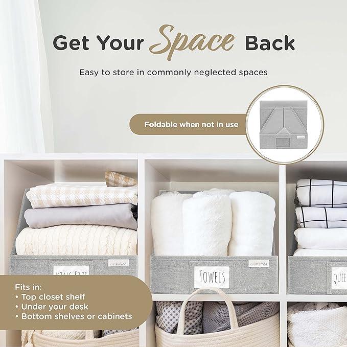 VIVIDECOR Trapezoid Closet Bins for Shelves – 12x12x10 Fabric Storage Baskets, Closet Organizers Bins, Open Front Fabric Baskets, Collapsible Organizer Boxes for Clothes, Linen – Light Gray, 3 Pack