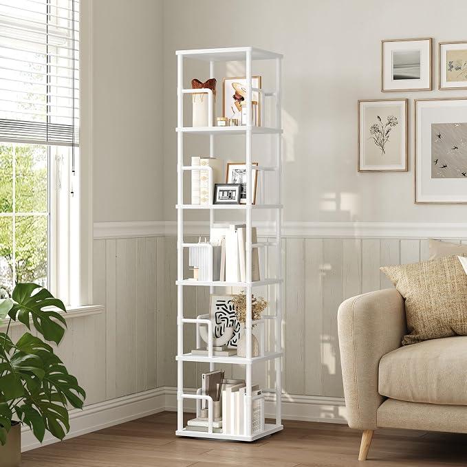 MAHANCRIS 5-Tier Rotating Bookshelf, Freestanding Corner Bookshelf, 360° Spinning Bookcase, Industrial Style Storage Rack with Rails, for Living Room, Bedroom, Study, White BKWT1601