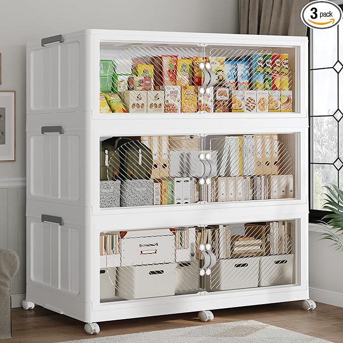 720QT Extra Large Stackable Storage Bins with Lid & Wheels & Doors, 180Gal Foldable Collapsible Closet Organizers, Plastic Cabinet Box Container Drawer for Home Kitchen Bedroom, 3Pack White