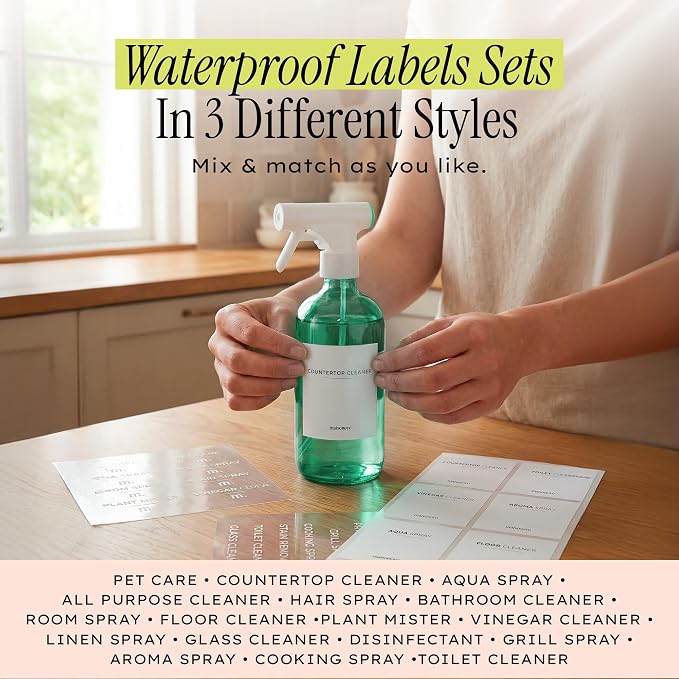 MaisoNovo Green Glass Spray Bottle 16.9 oz Pack of 2 - Green Spray Bottles for Plants with Fortified Glass & Fine Mist - Ideal for Plant Care, Gardening, Misting, Seedlings & Indoor Plants - 16 Labels