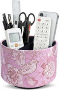 Round Leather Art Supply Organizer,Remote Control Holder,360 Degree Spinning,Multi-Functional Pencil Holder,4 Compartments Desktop Stationary Organizer(1-Purple Bird)