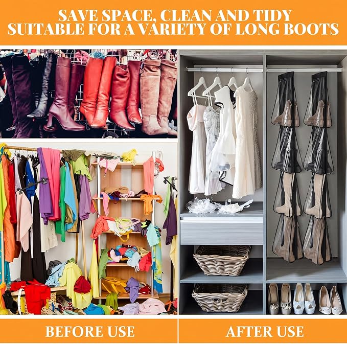 Windyun 16 Pairs Large Clear Pockets Fabric Dual Sided Hanging Shoe Rack for Closets Hanging Shoe Organizer with Rotating Hanger Boot Organizer for Storage Men's and Woman's Boots(Black)