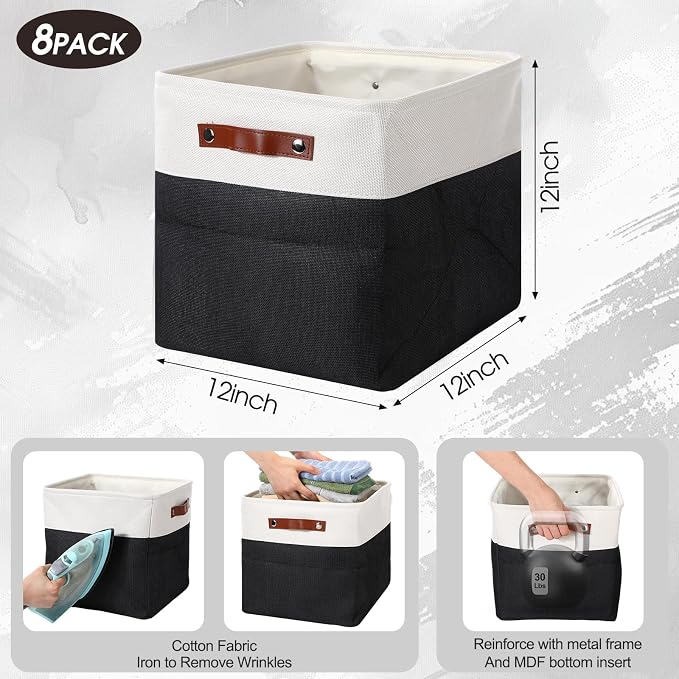 Uiifan 8 Pack 12 x 12 x 12 Inch Large Storage Baskets Collapsible Fabric Storage Cubes Bins with Handles for Shelves Closets Nursery Home Clothes Toys Organizers, Black