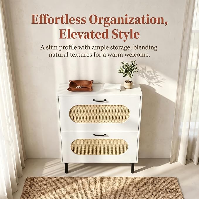SUNCROWN 2 Flip Drawers Shoe Storage Cabinet, Freestanding Narrow Entryway Organizer, Natural Semi-Circular Rattan Doors, Adjustable Shelves & Anti-Tip Kit, White