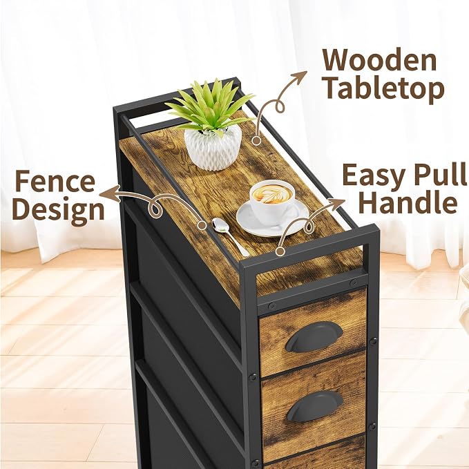 LASZOLA 4 Drawer Narrow Dresser Slim Cabinet Skinny Storage Tower Chest, Ideal for Small Spaces Bathroom, Between Washer and Dryer, Lightweight Mobile on Wheels, Sturdy Fabric Drawers, Brown