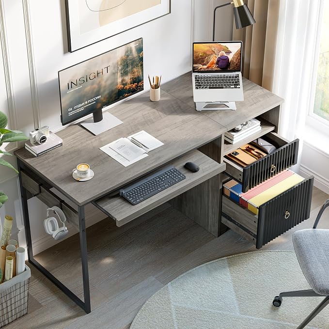 Bestier 55Inch Modern Fluted Desk with Drawers & Keyboard Tray, Grey | 55 X 22 In Work Surface, File Drawer, Reversible Pedestal, Fluted Panels And Keyboard Tray For Home Office Storage.