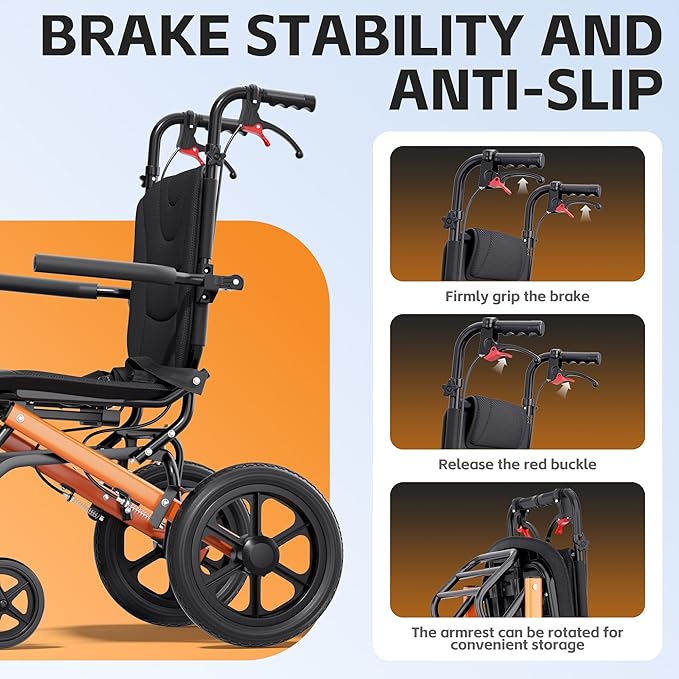 Wheelchairs for Adults,Transport Wheelchair Lightweight Foldable with Removable Cushion,Ergonomic Transfer Chair with 12-inch Rear Wheels for All Terrains,Travel Wheelchair