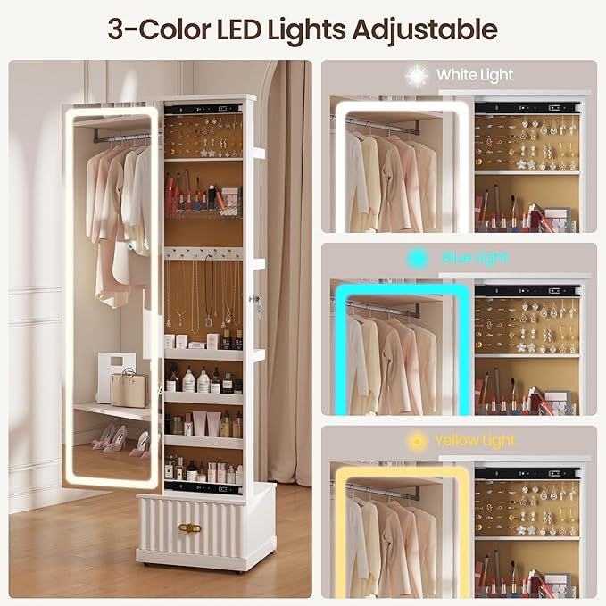 Lvifur Jewelry Cabinet with LED Mirror - Side Sliding Door Jewelry Armoires for Bedroom,Standing Jewelry Organizer with Full Length Mirror&3 Photo Frames&Drawer&Movable Wheels for Cloakroom,White