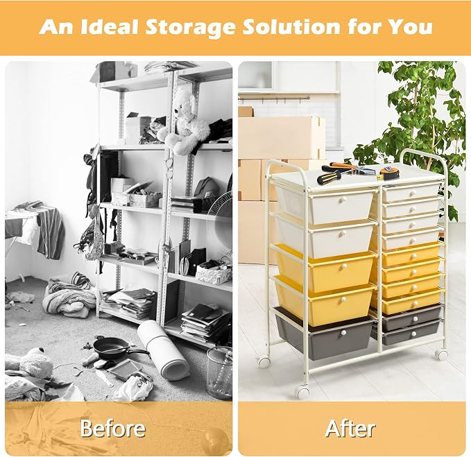 LUARANE Rolling Cart with 15 Drawers, Craft Storage Cart with Portable Handles & Lockable Wheels, Mobile Toys Organizer, Large Capacity Utility Drawer Cart Home Office School Teacher (Yellow)
