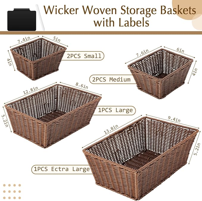 Marsui 6 Pcs Wicker Storage Baskets for Pantry Organization with Labels Handwoven Multi-size Brown Wicker Storage Bins for Organizing Small Baskets Container for Shelves Closet Toilet