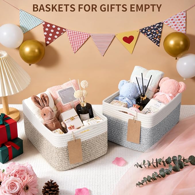 Goodpick 4 Pack Storage Baskets for Shelves, Rectangle Wicker Storage Bins for Baby Toys, Decorative Organizer Shelf Baskets for Gifts Empty, 13''L x 8''W x 6''H, Black & Jute
