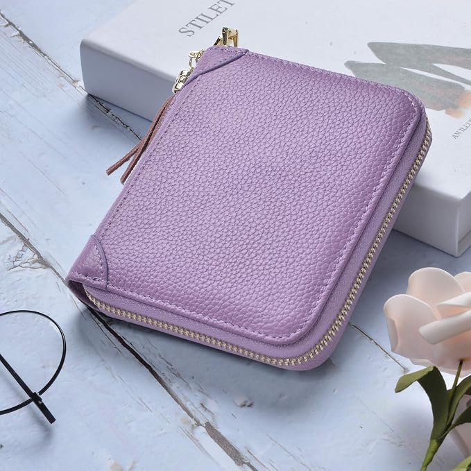 Easyoulife Womens Credit Card Holder Wallet Zip Leather Card Case RFID Blocking (Light Purple)