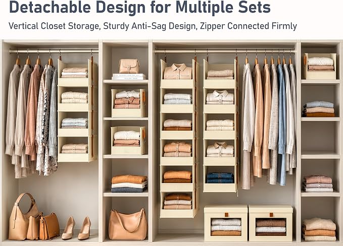 DIMJ Hanging Closet Organizer - 5-Tier Modular Hanging Shelves with Zippers Hooks, Collapsible Baskets for RV, Dorm, Small Spaces, Fabric Storage Bins for Clothes, Handbags