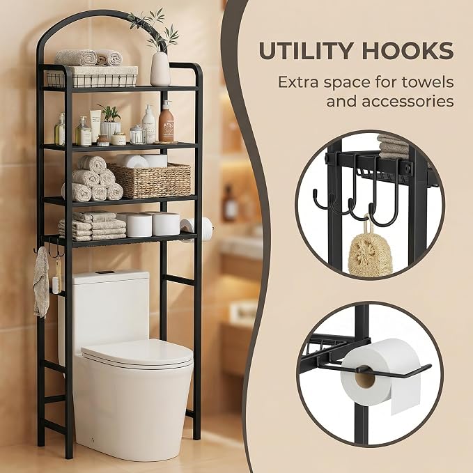 4-Tier Over The Toilet Storage, Bathroom Organizer | Space-Saving, 72"H Above Toilet Storage Rack with 4 Hooks and Paper Holder, Metal Shelf, Black