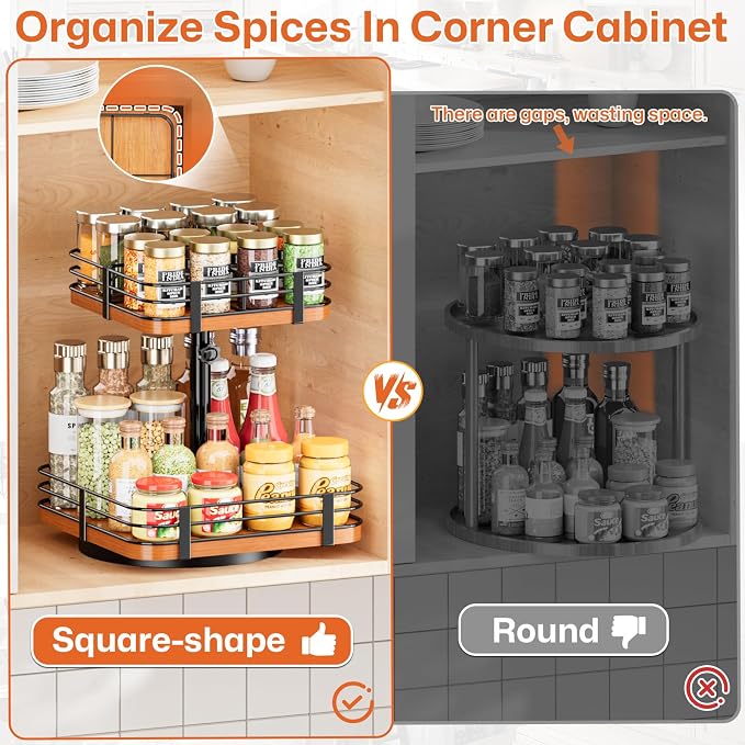 12 Inch Square Lazy Susan Organizer, 2 Tier Adjustable Wood Rack | Removable Divider Rack, 360° Rotating, Adjustable Height, For Pantry, Cabinet, Bathroom & Dining Table