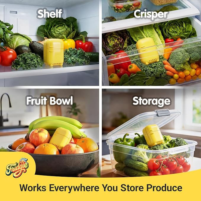 Fridgie Produce Saver, Ethylene Gas Absorber, Fresh Fruit Saver - Yellow | 4 refill packets, lasts up to 1 year, slows ripening, reduces food waste, crisper drawer, saves lettuce, greens, herbs