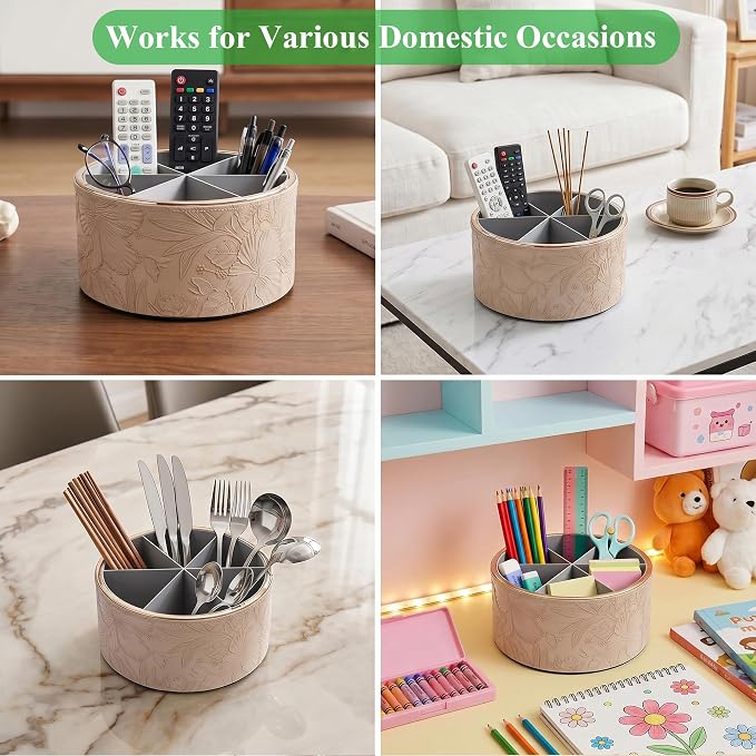 Remote Control Holder, 360°Spinning PU Leather Desk TV Remote Caddy,Desk Storage Box Room Accessories for Controller, Media,Mail,Calculator, Mobile Phone,Pencil(1B-Golden Apricot)