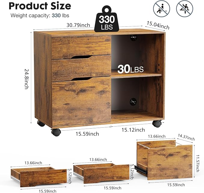 DUMOS File Cabinet with 3 Drawers, Wood Under Desk Storage Printer Stand | Rolling Lateral Filing Cabinet with Adjustable Shelves for Home Office Study Organization,Rustic