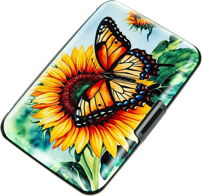 Credit Card Holder for Women Men RFID Blocking Wallet Small Business Metal Slim Mini Aluminum Hard Case (Sunflower Butterfly)