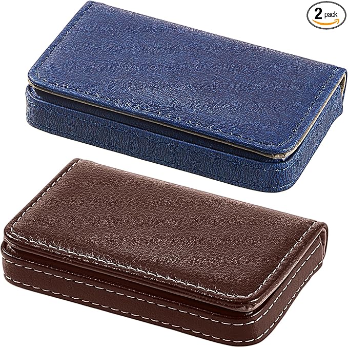 Outus 2 Pcs Business Card Holder, PU Leather Business Card Case Pocket Wallet with Magnetic Shut for Valentines Gift Adult(Coffee, Blue)