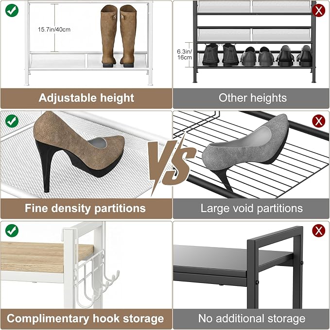 Refrze Shoe Rack for Front Door Entrance, 4 Tier Height-Adjustable Metal Shoe Rack, Sturdy Wooden Top and Tiltable Steel Frame Heavy Duty Shoe Organizer for Bathroom,Bedroom,Kitchen, Include Hook
