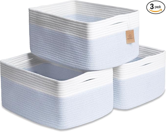 NaturalCozy Storage Baskets 16.8”x13”x7.6” Cotton Rope Woven Baskets for Organizing 3-Pack | Toy Storage Bins | Basket for Shelves, Laundry, Blanket, Clothes, Closet, Kitchen, Bathroom, Gifts