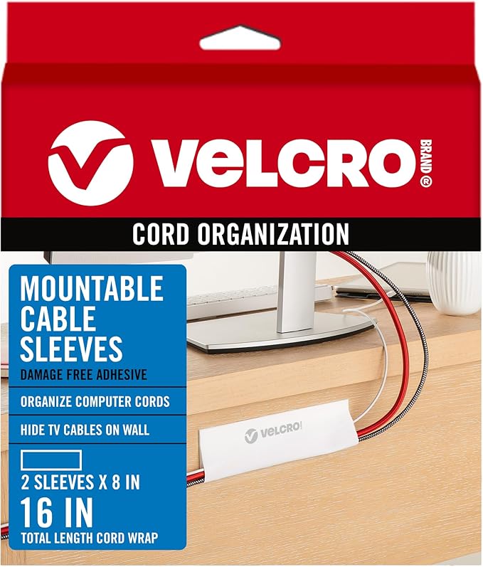 VELCRO Brand Cable Sleeves. Organize Messy Wires on Desk, Behind TV or Game Console. 16-Inch (2x8in) White. Removable Adhesive Mounts to Smooth Surfaces